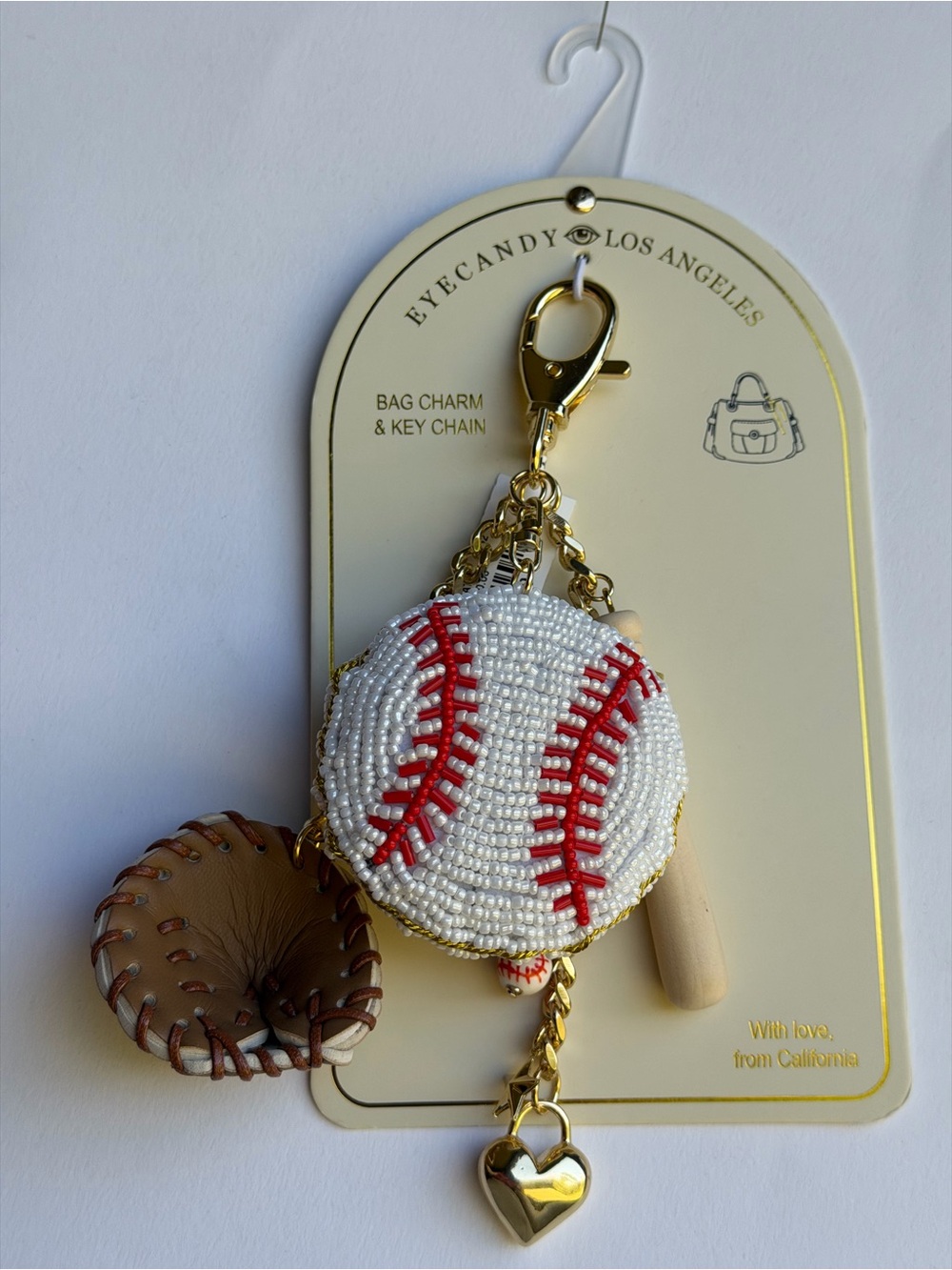 Eyecandy Los Angeles White & Red Baseball Beaded Keychain Bag Charm